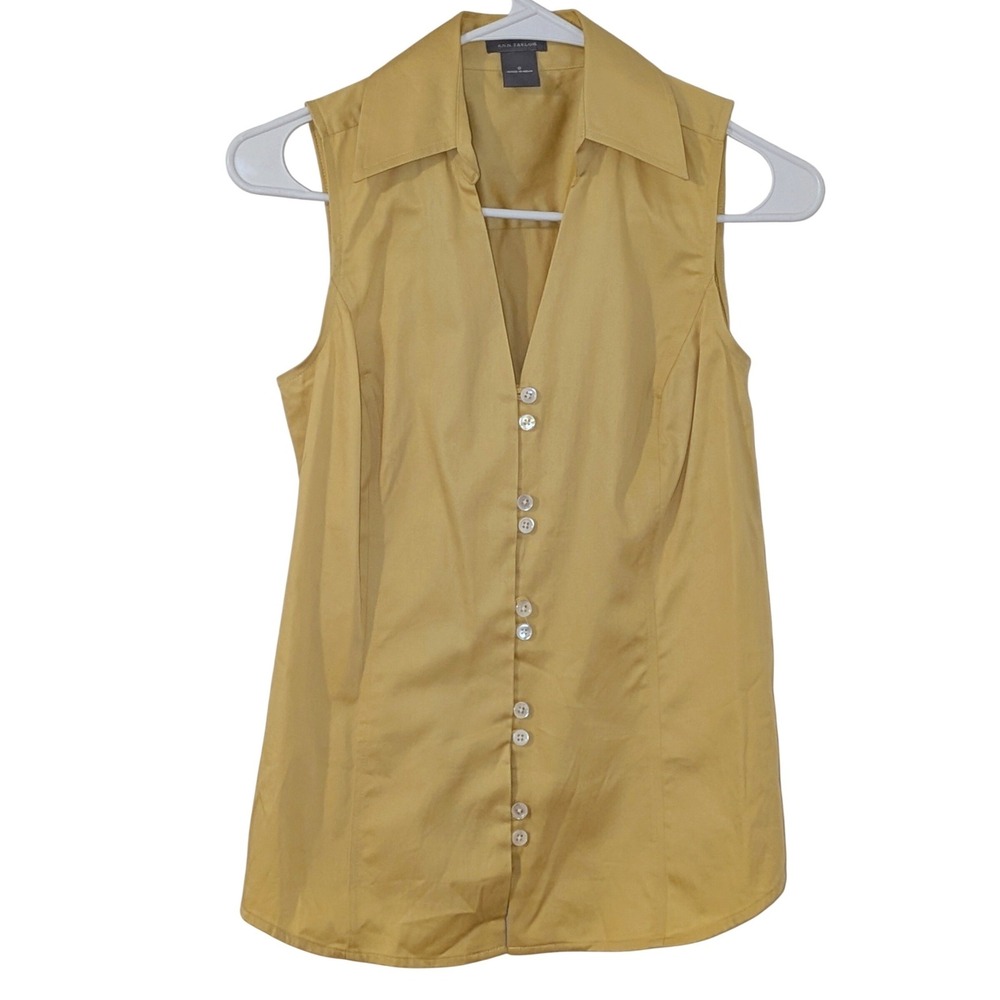 Ann Taylor‎ Mustard Yellow Sleeveless Button Down Blouse Size 0 Cotton Stretch